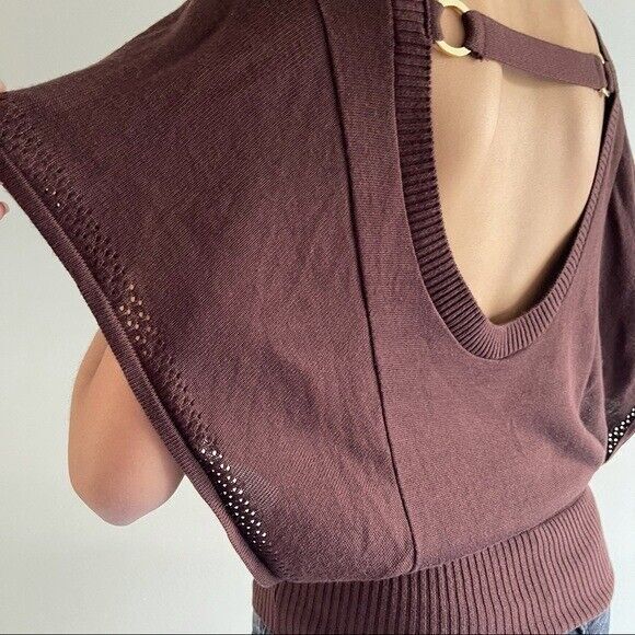 Windsor Brown Knit Sweater Top L Open Back Short Butterflies Sleeves Scoop Neck - Picture 7 of 12